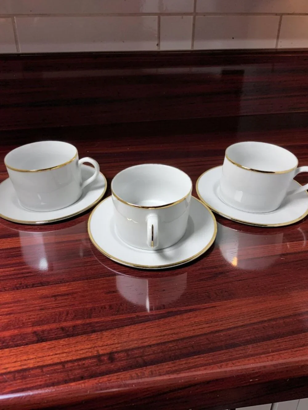 Vintage Set of 3 Pier 1 Gold Trim 8oz Porcelain Coffee Cups and Saucers
